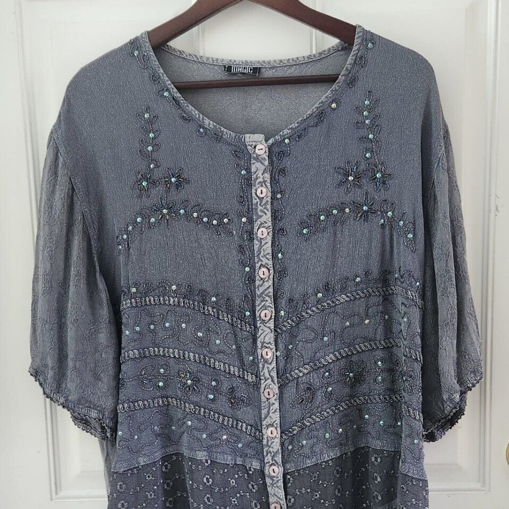 Magic Boho Gray Jeweled Rayon Button Front Blouse Top One Size L Womens